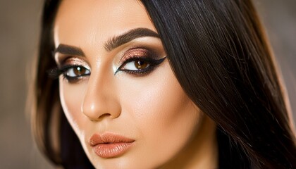 Fototapeta premium stunning woman with sharp features and earthy brown makeup, illuminated by dramatic and dynamic lighting very hot woman model and fashion designer beautiful pose