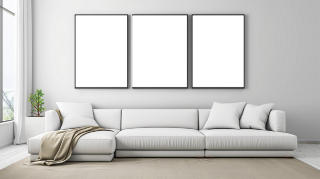 Living room interior design inspiration with empty poster frames on grey walls and a comfortable grey sofa