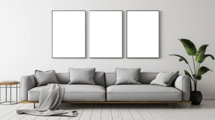 Living room interior design inspiration with empty poster frames on grey walls and a comfortable grey sofa