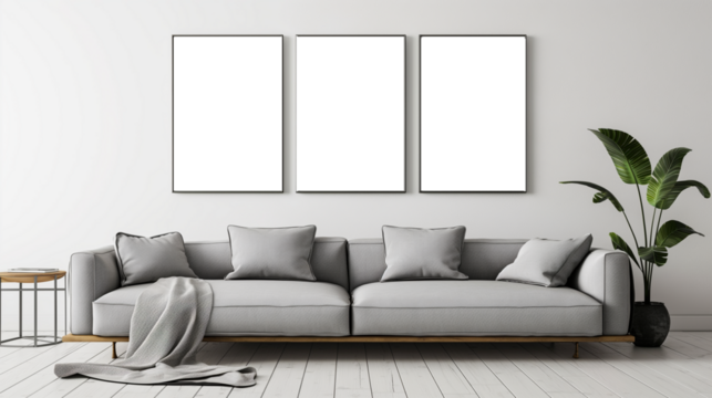 Living room interior design inspiration with empty poster frames on grey walls and a comfortable grey sofa