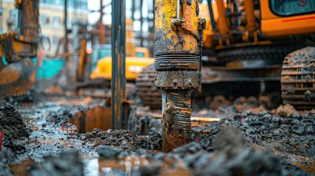 Equipment of bored piles with pipes Foundations and grounds Drilling in the ground, bored pile drilling machine technology at the construction site, machinery for pile driving