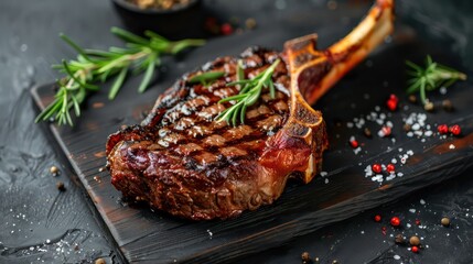 Steak on the bone, tomahawk steak on a black wooden background, appealing and contrast look, top view
