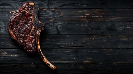 Steak on the bone, tomahawk steak on a black wooden background, appealing and contrast look, top view