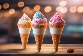 Ice cream with different flavors and toppings, with a blurred background of warm lights. Ice Cream Month.
