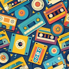 Seamless pattern of retro-inspired cassette tapes and vinyl records, celebrating the timeless appeal of analog music, Generative AI