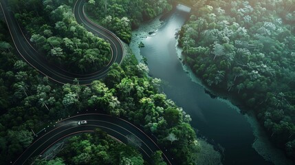 a lone car traveling on a serpentine highway, AI Generative