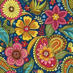 Seamless pattern of retro-inspired flowers and paisley motifs in bold, contrasting hues, perfect for a funky and colorful gift wrap, Generative AI