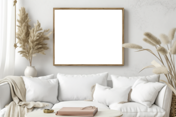 Living room interior design inspiration with empty poster frames and comfortable sofa