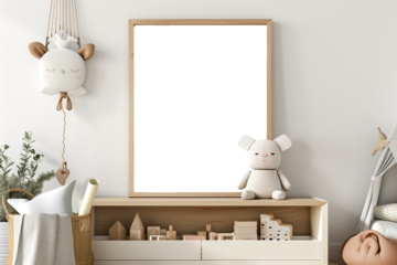 Modern children's room interior with transparent poster frame mockup