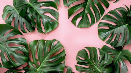 tropical monstera leaves at pastel pink background