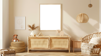 Modern children's room interior with transparent poster frame mockup
