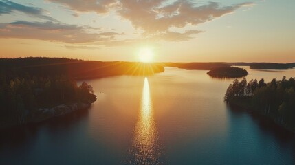 Obraz premium drone shot of Finland lake view, sunset, AI Generative