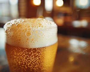 Close-up of beer foam on a golden ale, capturing the tiny bubbles and frothy texture, with a softly blurred pub interior in the background