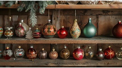 Collection of vintage glass ornaments, each piece meticulously handcrafted, displayed on a wooden shelf, cozy and nostalgic ambiance