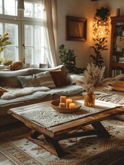 Cozy living room with home decor made from repurposed materials, featuring a coffee table made from reclaimed wood, vintage accents, warm lighting
