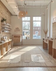 Cozy retail store with sustainable fashion displays, eco-friendly hangers, and informational signs about the circular economy, warm lighting