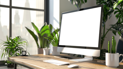 Modern bright private room with a work desk and computer white mock-up screen