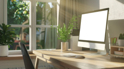 Modern bright private room with a work desk and computer white mock-up screen