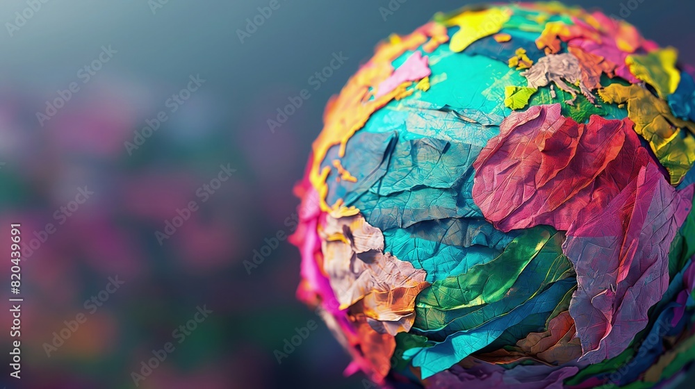 Poster beautiful world globe made with paper cut work use different color of cut papers isolated on deep gr