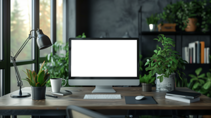Modern bright private room with a work desk and computer white mock-up screen