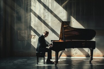 A man is playing a piano in front of a wall