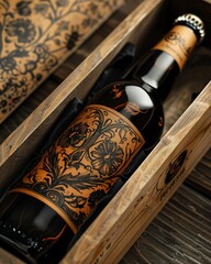 Exclusive artisanal beer release with a close-up of a bottle in a wooden box, featuring a hand-drawn label and premium packaging materials
