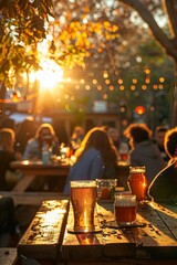 Festive beer garden setting with a community gathering, featuring live folk music, vibrant decorations, and people enjoying beers and food together