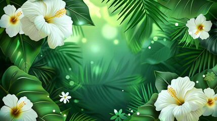 green summer tropical leaves with white flowers