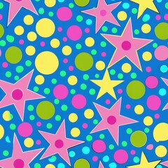 Seamless pattern of retro-inspired polka dots and stars in bright, neon colors, perfect for a fun and playful gift wrap, Generative AI