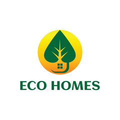 Simple fresh leaf and house for eco green home farm plant cultivation logo design vector illustration. Eco homes icon sign. Recycling herbal and harvest symbol