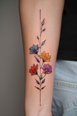 A woman's arm has a colorful tattoo of flowers and leaves