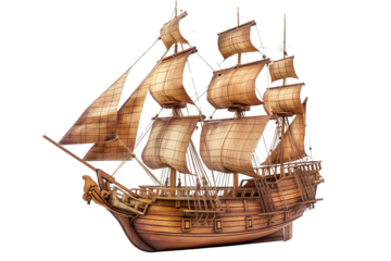 The old pirate ship made of wood isolated on a transparent background