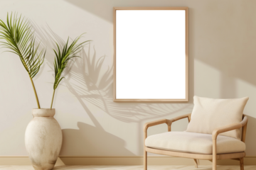 Mockup of a square wooden frame in a minimalist living room with armchairs