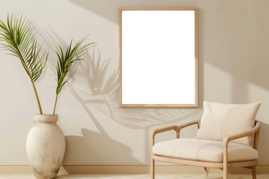 Mockup of a square wooden frame in a minimalist living room with armchairs