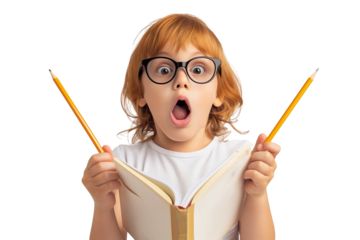 Cute caucasian surprised child wearing glasses with book and pencil isolated on transparent background