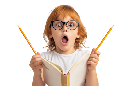 Cute caucasian surprised child wearing glasses with book and pencil isolated on transparent background - Powered by Adobe