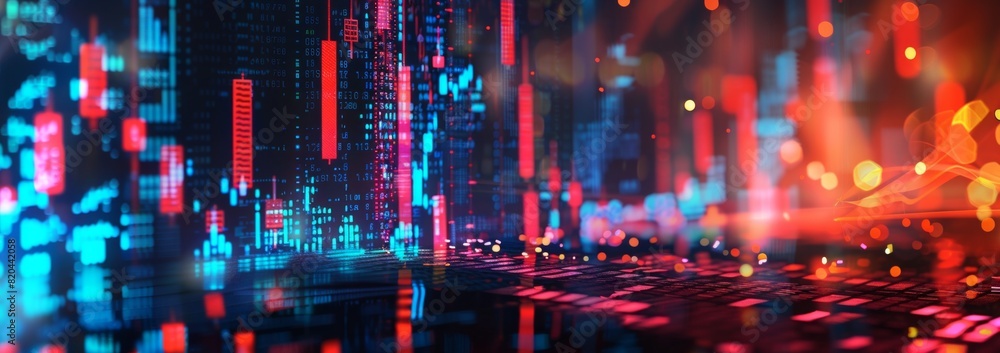 Aufkleber abstract background of stock market or digital data with glowing light bokeh and pixelated effect. d