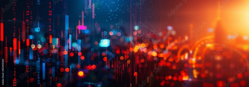 Aufkleber abstract background of stock market or digital data with glowing light bokeh and pixelated effect. d