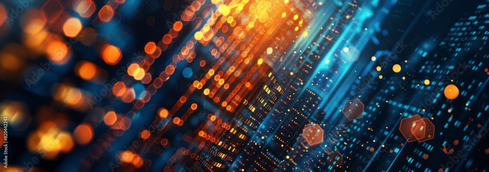 Aufkleber abstract background of stock market or digital data with glowing light bokeh and pixelated effect. d