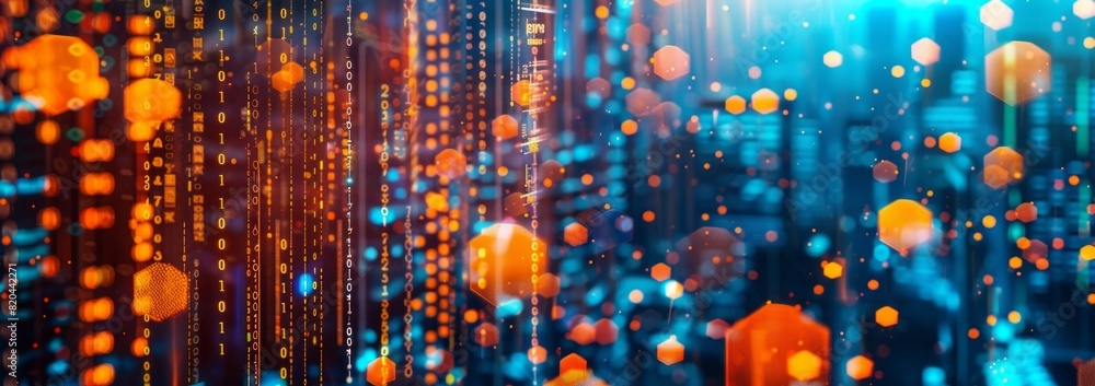Poster abstract background of stock market or digital data with glowing light bokeh and pixelated effect. d