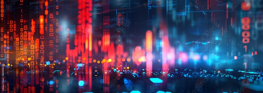 Poster abstract background of stock market or digital data with glowing light bokeh and pixelated effect. d