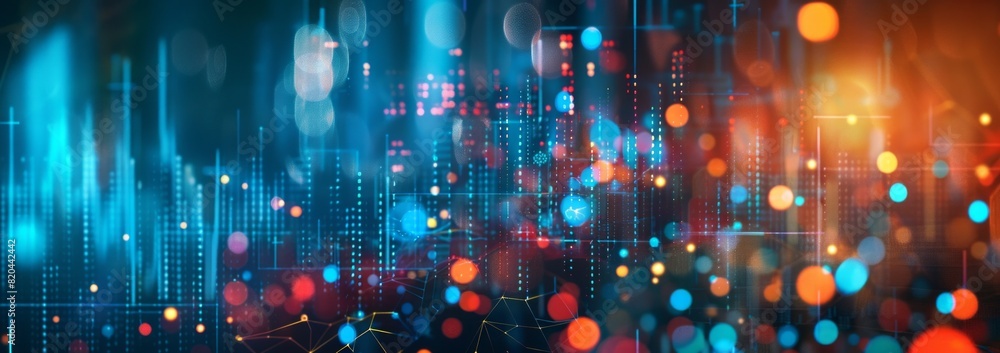 Poster abstract background of stock market or digital data with glowing light bokeh and pixelated effect. d