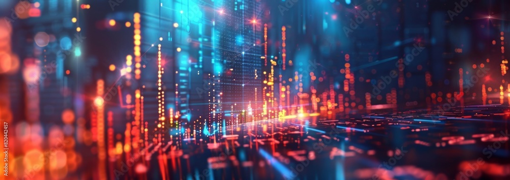 Poster abstract background of stock market or digital data with glowing light bokeh and pixelated effect. d