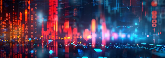 Fototapeta premium Abstract background of stock market or digital data with glowing light bokeh and pixelated effect. Digital technology concept
