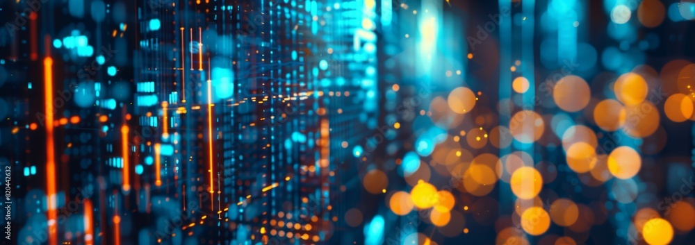 Aufkleber abstract background of stock market or digital data with glowing light bokeh and pixelated effect. d