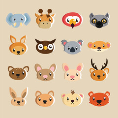 Obraz premium illustration of a collection of various 16 cute big and small animal heads for stickers