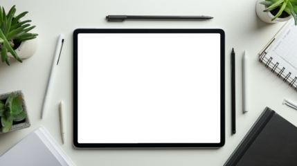 Top view of a tablet with a blank screen with stylus and writing tools on the work desk