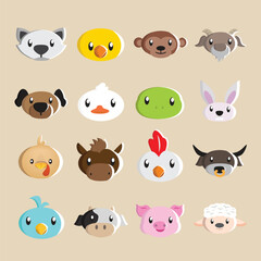illustration of a collection of various 16 cute farm animal heads for stickers