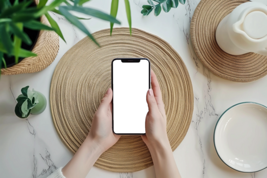 Top view of woman's hand using smartphone with screen mockup on table