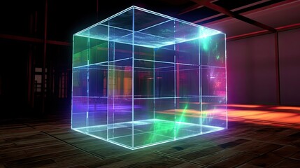 Abstract 3D cube with glowing neon lines creating a futuristic and technological design on a dark background